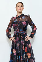 Black Floral Organza Puff Sleeve Belted Shirt Dress