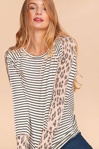 Ivory/Black/Blush Plus Stripe Leopard Print Thumb Hole Knit Top