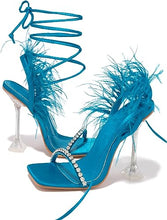 Blue Feather Lace-Up Heeled Sandals Strappy Slingback Open Square Toe Clear Heels For Women