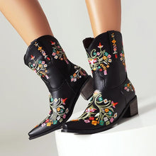 Black Embroidered Chunky Heel Boots