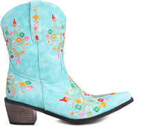 Blue Embroidered Chunky Heel Boots