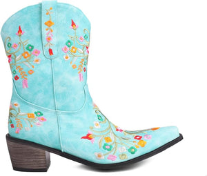 Blue Embroidered Chunky Heel Boots