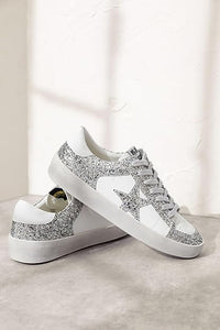 Silver Rubber Sole Lace-Up Glitter Leather Star