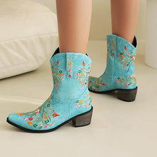 Blue Embroidered Chunky Heel Boots