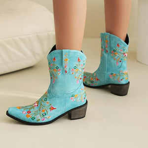 Blue Embroidered Chunky Heel Boots