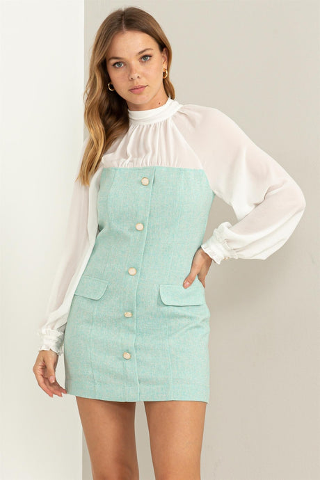 Aqua Sheer Elegance Tie-Back Mixed Media Dress