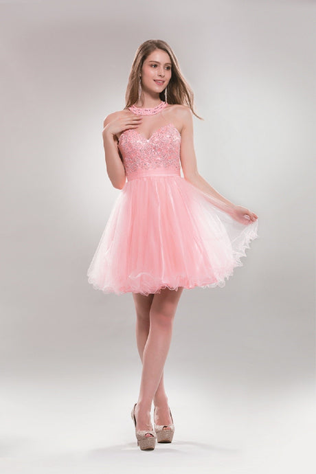 Pink Beads and Rhinestones Embellished Halter Top Short Dress