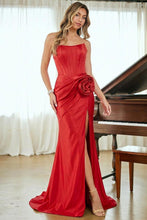 Red Elegant Strapless Satin Trumpet Dress With 3D Rosette