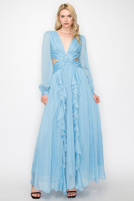 Blue Long Puff Sleeves Shimmer Fabric Side Cut-Out Maxi