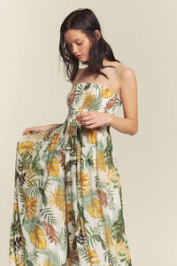 White Combo Leaf Print Smocked Tube Wide Leg Jumpsuit