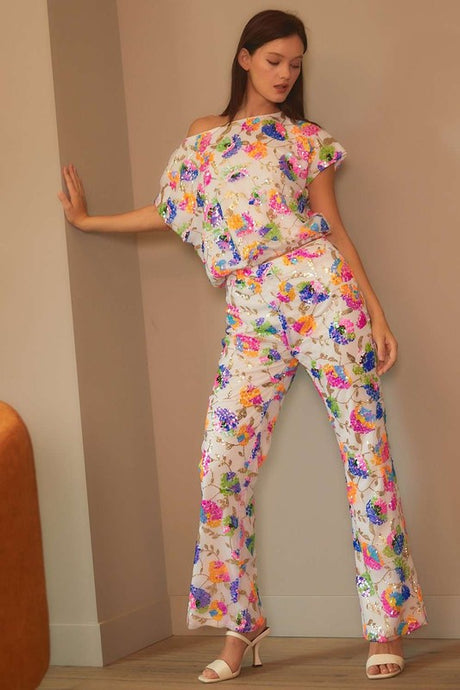 White Multi Sequin Flower Boots Cut Long Pants