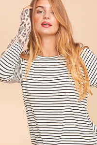 Ivory/Black/Blush Plus Stripe Leopard Print Thumb Hole Knit Top