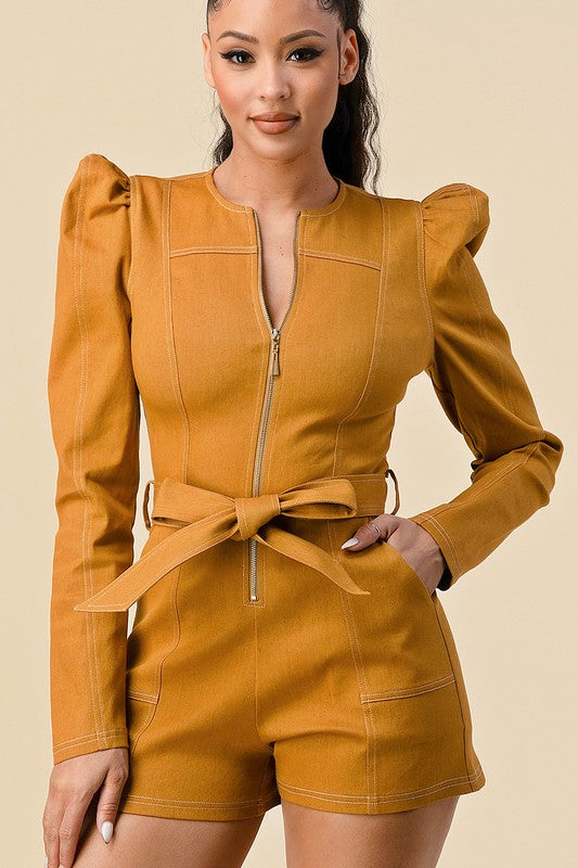 Mustard Belted Puff Sleeve Romper