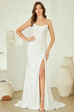 White Strapless Corset Evening Dress W/ Floral Applique