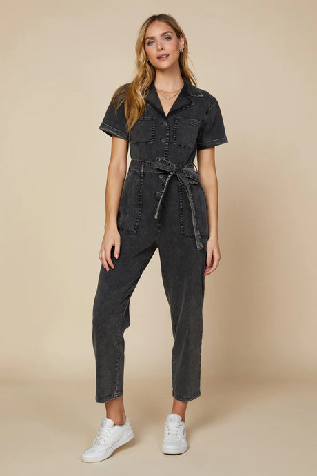 Black Short Sleeve Washed Utility Jumpsuit
