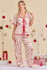 Ivory Multi Cream Holiday Print Pajama Set - Festive Sleepwear