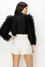 Black Shimmer Long Sleeve Neck Ribbon Button Down Top