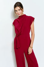 Burgundy High Neck Draped Waist Cap Sleeve Jumpsuit