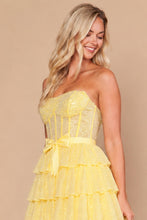 Yellow Corset Tiered Glitter Mini Dress With Waist Bow