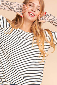 Ivory/Black/Blush Plus Stripe Leopard Print Thumb Hole Knit Top