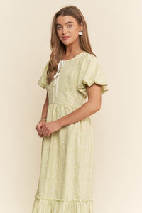Pastel Lime Finely Floral Embroidered Tiered Maxi Dress