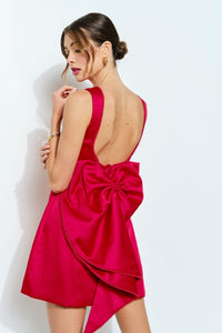 Red Sleeveless Pearl Trim Bow-back Mini Dress