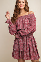 Burgundy Smocked Neckline Mini Dress With Tiered Layers