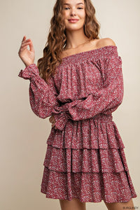 Burgundy Smocked Neckline Mini Dress With Tiered Layers