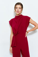 Burgundy High Neck Draped Waist Cap Sleeve Jumpsuit