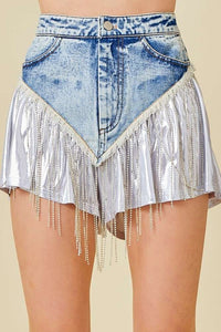 Rhinestone With Metallic Fabric Denim Shorts