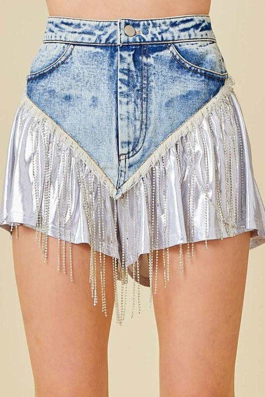 Rhinestone With Metallic Fabric Denim Shorts