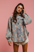 Floral Print Washed Denim Shacket With Side Pocket