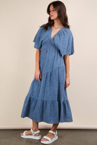 Denim Mineral Washed Elastic Neck Detail Midi Dress
