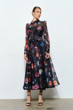 Black Floral Organza Puff Sleeve Belted Shirt Dress