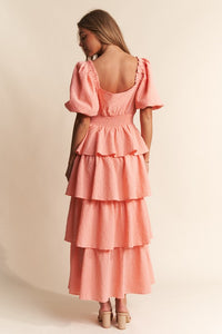 Salmon Square Neckline Ruffle Tiered Maxi Dress