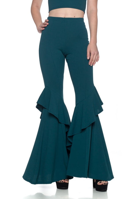 Green Flares Into Bell Bottoms Ruffles Pants