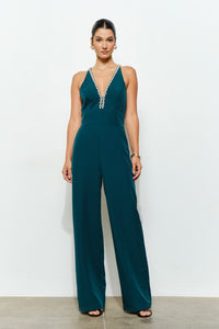 Emerald Crystal Trim Deep V Cross Back Jumpsuit