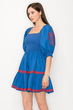 Blue/Wine Square Neck Smocked Embroidered Puff Sleeve Mini Dress