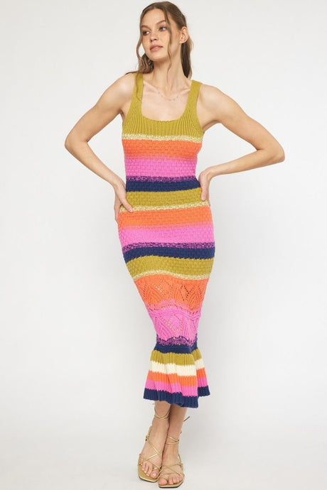 Kiwi Combo Colorblock Crochet Mermaid Hem Midi Dress