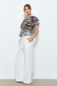 Black Sheer Floral Stripe Print Ruffle Blouse
