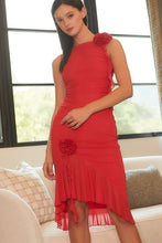 Red Rosette Ruffle Midi Dress