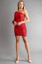 Red Womens Multi Color Sequin One Shoulder Mini Dress