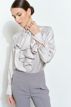 Silver Chic Satin Ruffled Jeweled Bell Sleeves Blouse Top