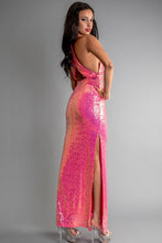 Pink Multi Color Sequin Halter Neck Deep V-Neck Keyhole
