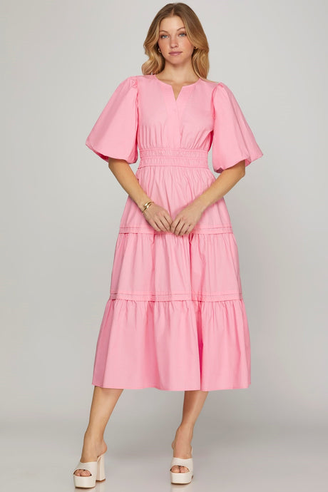 Lt Pink Solid V Neck Balloon Half Sleeve Midi Dress