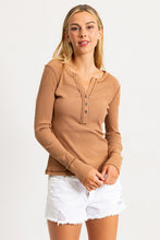 Taupe Acid Washed Half Placket Ribbed Knit Top
