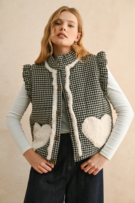 Black Gingham Pattern Sherpa Pocket Vest