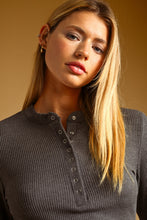 Charcoal Half Snap Button Waffle Fabric Long Sleeve Top