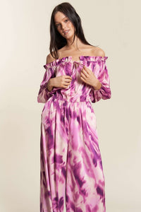 Fuchsia Combo Combo Offshoulder Tiedye Satin Jumpsuit