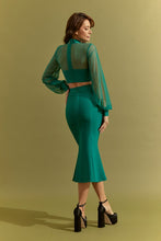 Emerald Green Bandage Crop Top Mesh And Fit Midi Skirt Set